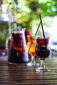 Sangria with fresh fruit pieces