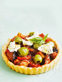 Vegetable tart with olives and vegan mozzarella