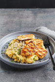 Grilled halloumi on lemon and dill polenta