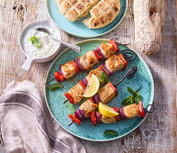 Chicken and vegetable skewers with tzatziki