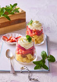 Strawberry sponge dessert in a glass