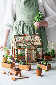 Gingerbread house for spring with edible chocolate soil