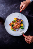 Duck breast with vegetables and polenta