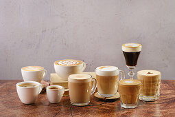 Various coffee specialities in cups and glasses