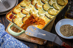 Vegetarian moussaka with lentils, potatoes and zucchinis