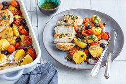 Oven chicken with potatoes and gremolata