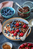 Muesli with yogurt, blueberries and cherries