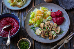 Ingredients for chicken breast with beet puree, potatoes and braised cabbage