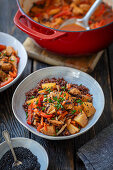 Sweet and sour chicken with pineapple, vegetables and rice