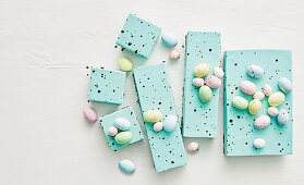 Blue Easter sheet cake with dragée eggs