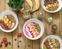 Breakfast bowls with fruit, granola and yoghurt