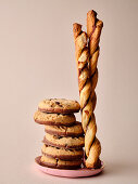 Chocolate biscuits and puff pastry sticks