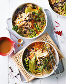 Ramen with turkey, avocado and edamame