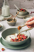 Müsli mit Joghurt, Trockenfrüchten und Honig