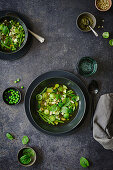 Vegetable soup with beans, Brussels sprouts, broccoli and peas