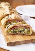 Savoury vegetable strudel with mortadella and burrata