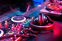 DJ music console in the nightclub