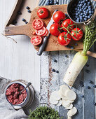 Tomatoes, blueberries, radish and minced meat