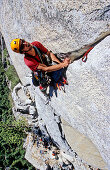 Man rock climbing, Techno climbing at South West Face, Big Wall Climbing, Washington Column, Yosemite Valley, California, USA
