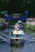 Vertical lift bridge and boats, Plau am See, Mecklenburgian Lake District, Mecklenburg-Western Pomerania, Germany