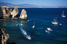 High angle view of boats and rocky coast, Ponta da Piedade, Lagos, Algarve, Portugal, Europe