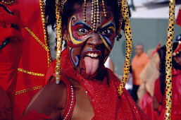 Woman in costume dancing at Mardi Gras, Port of Spain, Trinidad and Tobago, Caribbean