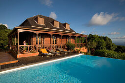 Hotel, Pool, Swimmer, Hotel Le Jardin Malanga, Relaxing in front of the pool of Hotel Le Jardin Malanga, Trois Rivieres, Basse-Terre, Guadeloupe, Caribbean Sea, America