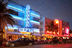 The illuminated Colony hotel at night, Ocean Drive, South Beach, Miami, Florida, USA, America