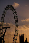 London Eye und Westminster Palace in der Abenddämmerung, London, England, Großbritannien, Europa