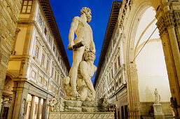 Sculpture of Hercules and Cacus by Baccio Bandinelli beetween Uffizi Gallery and Loggia dei Lanzi, Florence, Tuscany, Italy