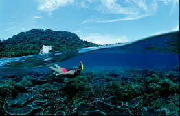 Schnorcheln vor tropischer Insel, Snorkeling near, Snorkeling near an island, Scin diver, split image