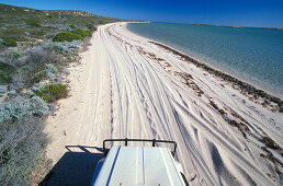 Car driving down to a sandy beach with an ocean view, Shark Bay, Western Australia, Australia, Kimberley, Western Australia, Australia