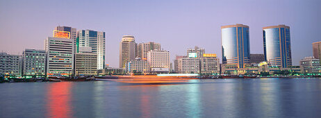 Skyline Dubai Creek in the evening, Dubai, United Arab Emirates