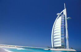 Hotel Burj Al Arab in front of a blue sky, Dubai, United Arab Emirates