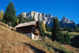 Mountain cottage on an alm, Sella, Dolomites, South Tyrol, Italy