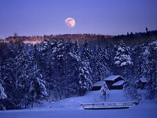 Mondaufgang über verschneitem Wald, Maihaugen, Lillehammer, Norwegen, Skandinavien, Europa