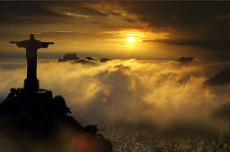 Aerial view of Corcovado statue at sunset, Rio de Janeiro, Brazil, South America, America