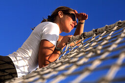 Girl in Bowsprit Net, Royal Clipper, Sailing in Mediterranean Sea, Italy