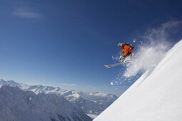 Male skier jumping, Nebelhorn, Oberstdorf, Upper Bavaria, Germany