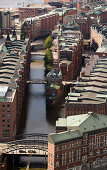 Aerial view of dutch Brookfleet at Speicherstadt, Hamburg, Germany