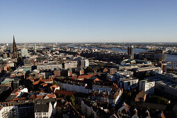 Blick auf City, Elbe und Hafen, Blick vom Glockenturm des Michel, Hamburger Hauptkirche St. Michaeliskirche, Englische Planke 1a, Stadtteil Neustadt, Hamburg