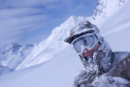 One man fully snowcovered, Kuehtai, Tyrol, Austria