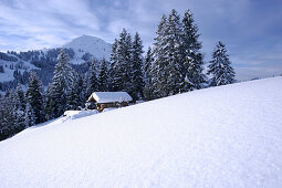 Alpine Skihütte, Ferienhütte im Schnee, mit den Hohen Salve im Hintergrund, Brixen im Thale, Alpen Tirol, Österreich