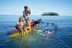 Flower Children on Canoe,View from Muri Beach, Rarotonga, Cook Islands