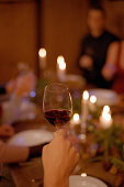 Hand toasting with wine glass, christmas dinner