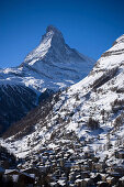 Winterly Zermatt village with the Matterhorn (4478 metres) in the background, Zermatt, Valais, Switzerland