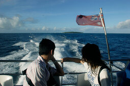 Tourists on a catamaran, Green Island, nearby Cairns, Tropical North, Great Barrier Reef, Queensland, Australia