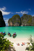 View over Maya Bay, a beautiful scenic lagoon, famous for the Hollywood film "The Beach" with sunbathing tourists and anchored boats, Ko Phi-Phi Leh, Ko Phi-Phi Islands, Krabi, Thailand, after the tsunami