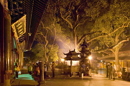 Gingko trees and people standing in front of Puji Si Temple at night, Island of Putuo Shan, Zhejiang Province, China, Asia