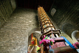16 storey wooden pagoda in the beamless Hall, Xiantong Temple, brick building, Mount Wutai, Wutai Shan, Five Terrace Mountain, Buddhist Centre, town of Taihuai, Shanxi province, China
